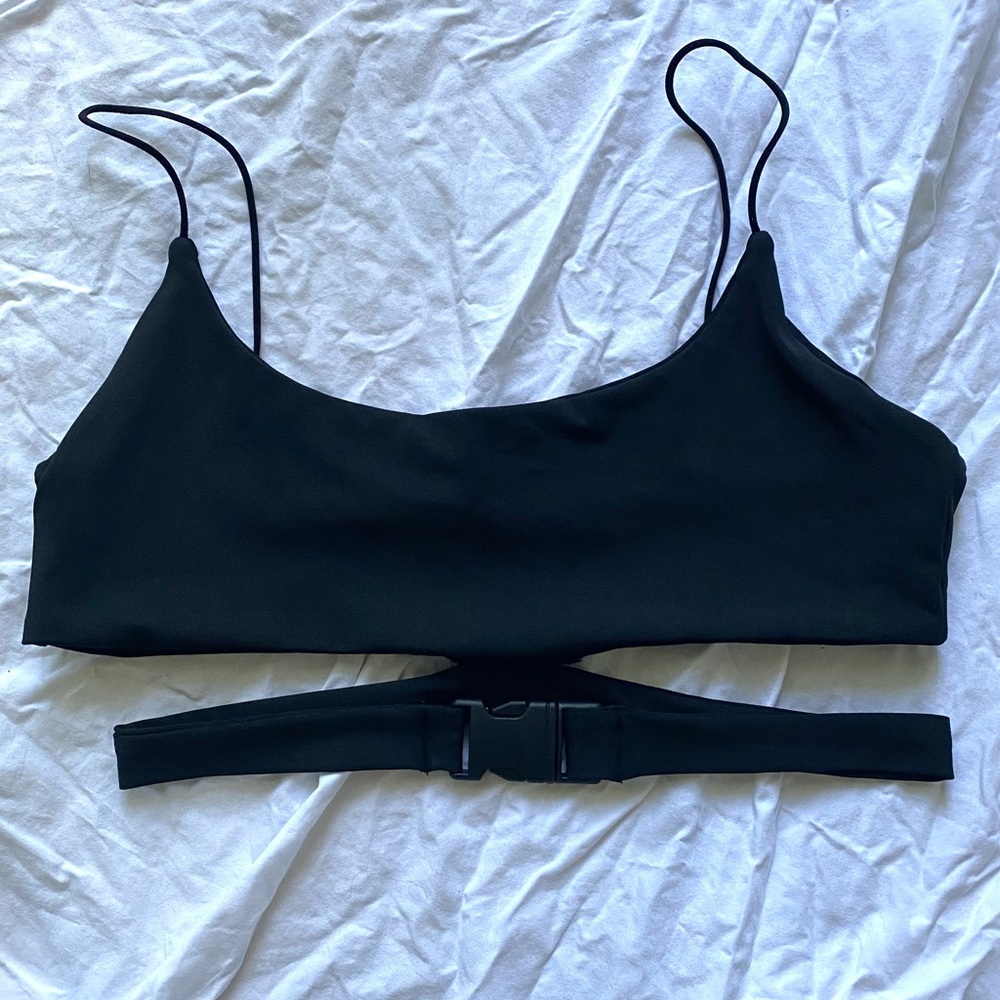 Black festival crop top with buckle waist detail